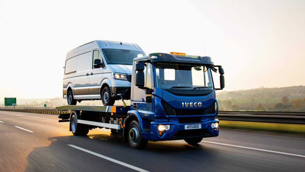 Deep blue Iveco 7.5 tonne recovery truck transporting a white VW Crafter on a UK motorway at sunrise, with amber warning lights and misty valley backdrop