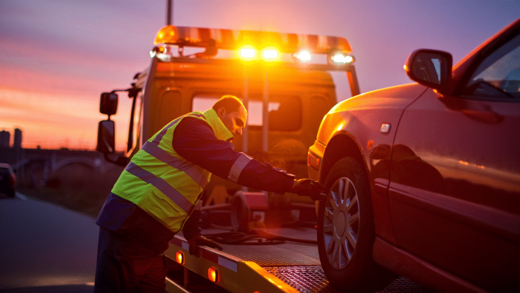 Tow truck assists stranded car at dusk; driver in safety gear. Amber lights flash; urban landmarks in background.