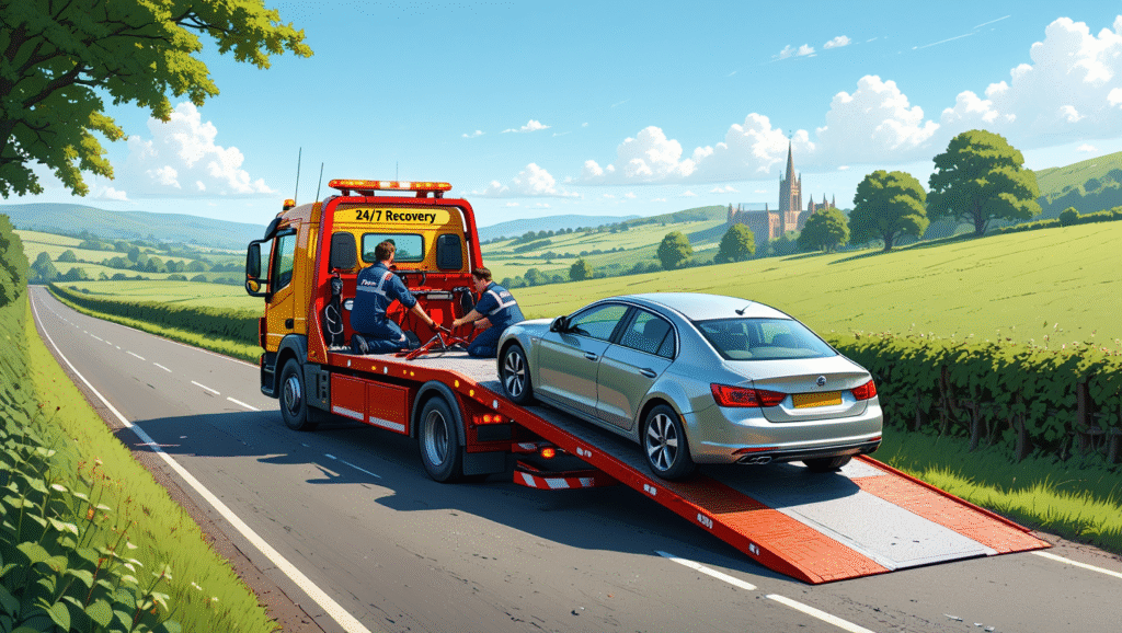 Car recovery team assists a breakdown on a sunny rural Medway road, with local landmarks in the background.