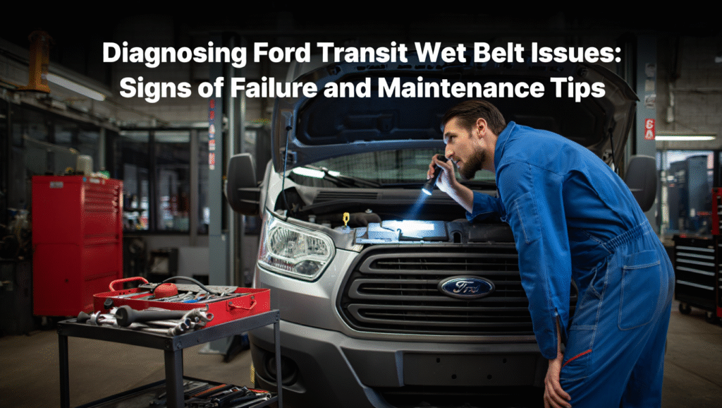 Mechanic inspects worn wet belt in Ford Transit. Hood open, tools nearby. Text: 'Diagnosing Ford Transit Wet Belt Issues.