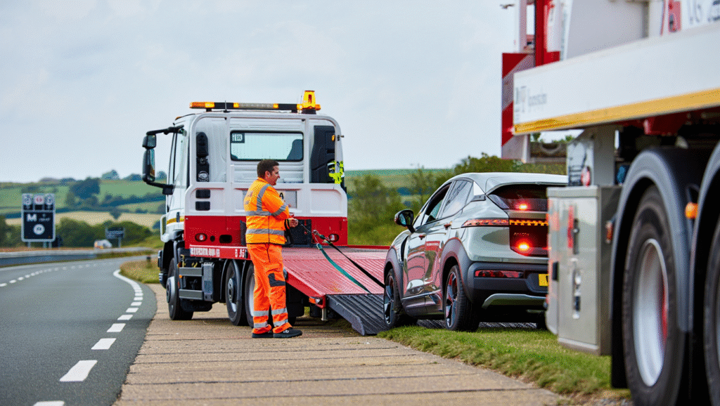 White and red Iveco 7.5 tonne flatbed recovery truck assisting a broken-down electric vehicle on the M20 motorway in Kent, UK, with a recovery operator preparing to load the car.