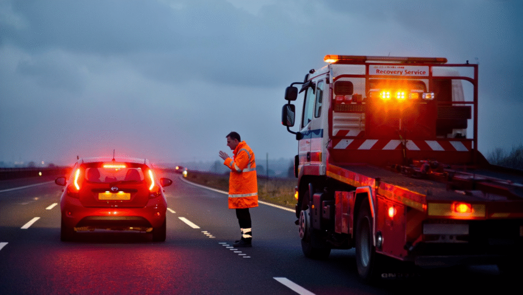 UK roadside breakdown scene with a car stopped on the hard shoulder, hazard lights flashing, and a Reds Recovery Service van with amber lights parked behind. A recovery worker in a high-visibility jacket assists the driver on a dual carriageway in Medway, Kent.