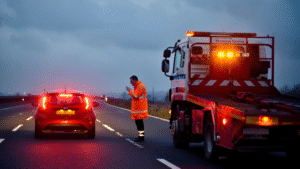 UK roadside breakdown scene with a car stopped on the hard shoulder, hazard lights flashing, and a Reds Recovery Service van with amber lights parked behind. A recovery worker in a high-visibility jacket assists the driver on a dual carriageway in Medway, Kent.
