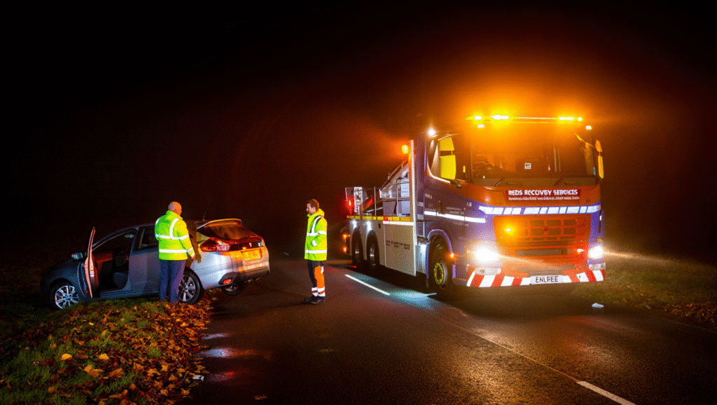 Reds Recovery Services truck assisting a stranded car on a wet, dark country road in Kent during autumn, with flashing lights and mist.