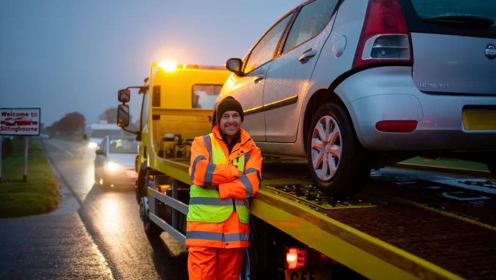 Recovery truck loading a damaged car on a wet Sittingbourne road at night, professional driver in high-visibility gear providing 24 hour accident recovery service.