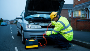 Professional jump start using a booster pack to protect vehicle electronics.