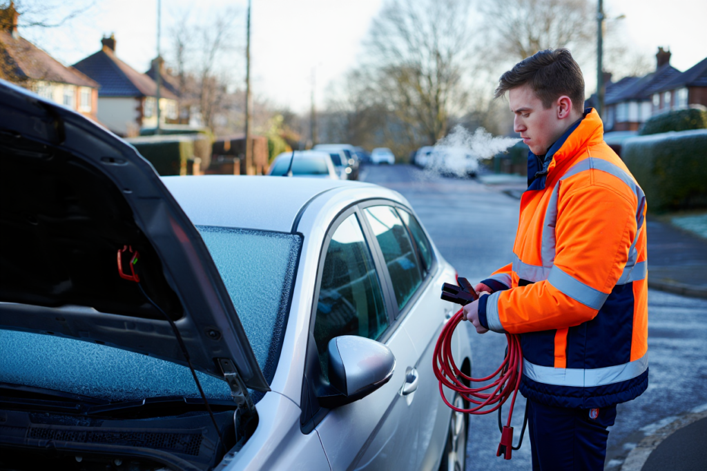 Jump start service assisting a car with a flat battery in winter.