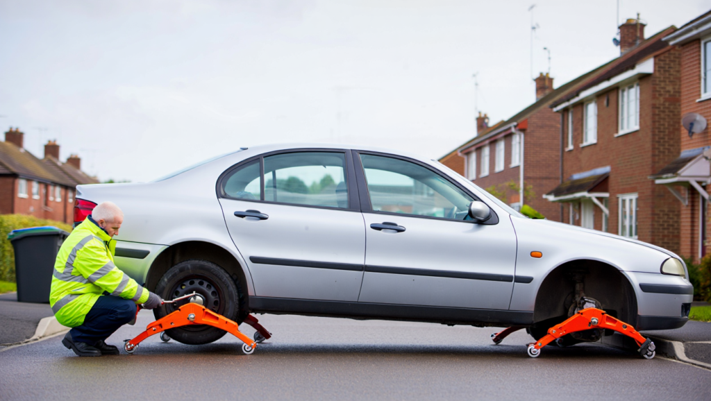 Non-runner car being prepared for transport on a Kent driveway.