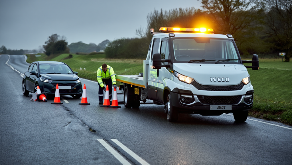 Flatbed recovery truck assisting a broken down car on the A229 in Maidstone.