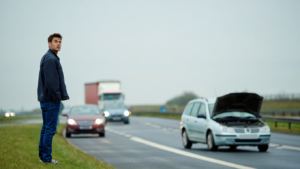 Driver standing safely away from a broken-down car during a roadside stop.