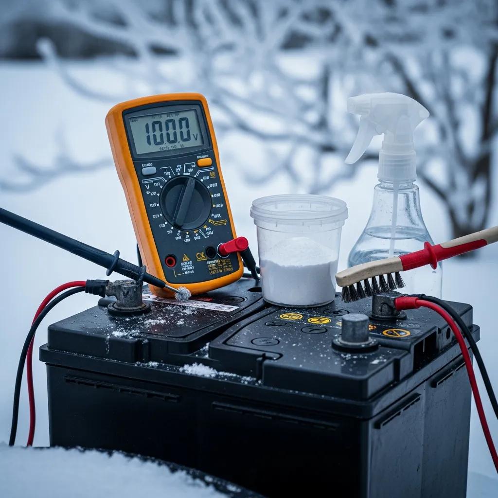 Checking a car battery in winter with a multimeter and cleaning tools