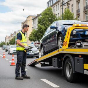 Technician loading a vehicle onto a flatbed truck for recovery, showcasing emergency vehicle recovery services
