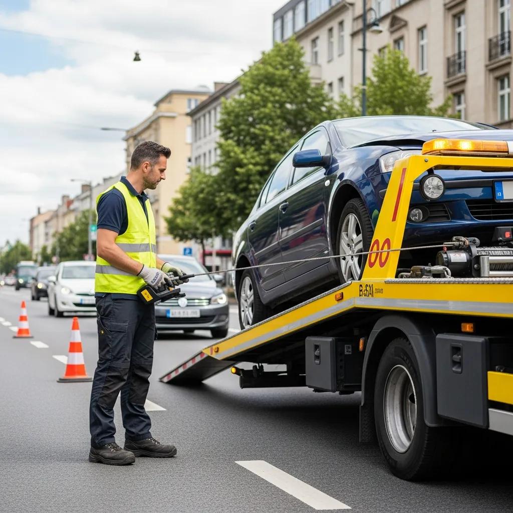 Technician loading a vehicle onto a flatbed truck for recovery, showcasing emergency vehicle recovery services