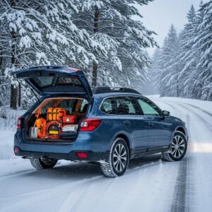 Winter car breakdown prevention scene with a vehicle prepared for cold weather