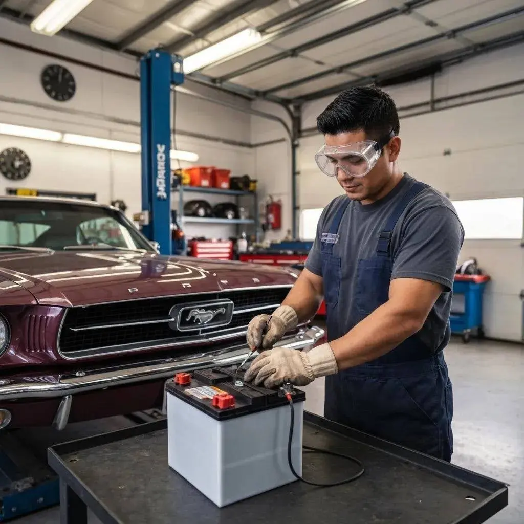A mechanic carefully inspecting a car battery in a workshop setting
