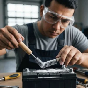 A mechanic using a baking soda paste to clean car battery terminals