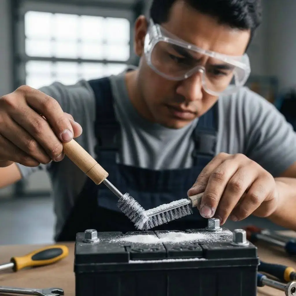 A mechanic using a baking soda paste to clean car battery terminals