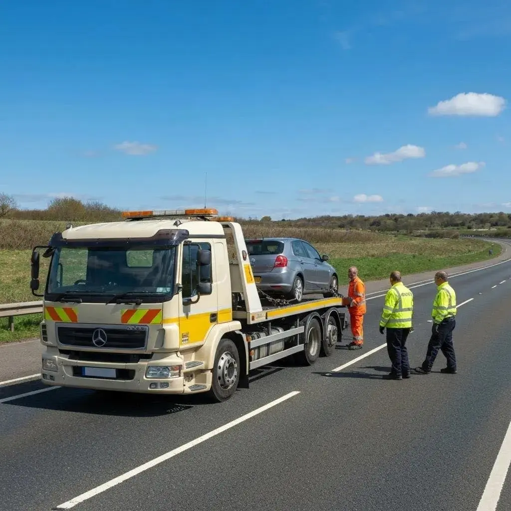 A tow truck assisting a stranded car on a UK motorway, illustrating roadside vehicle recovery