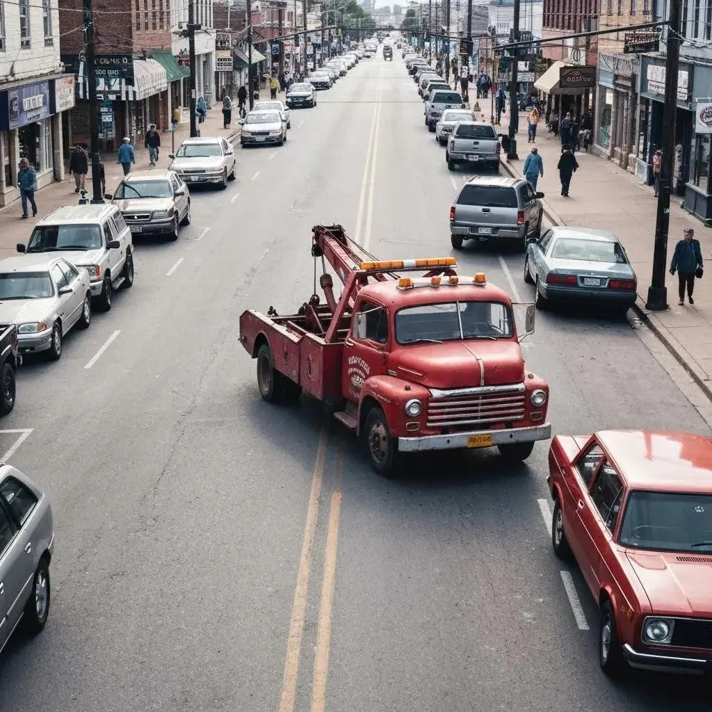 A tow truck with a car loaded onto its flatbed in a suburban setting, illustrating a standard car recovery service