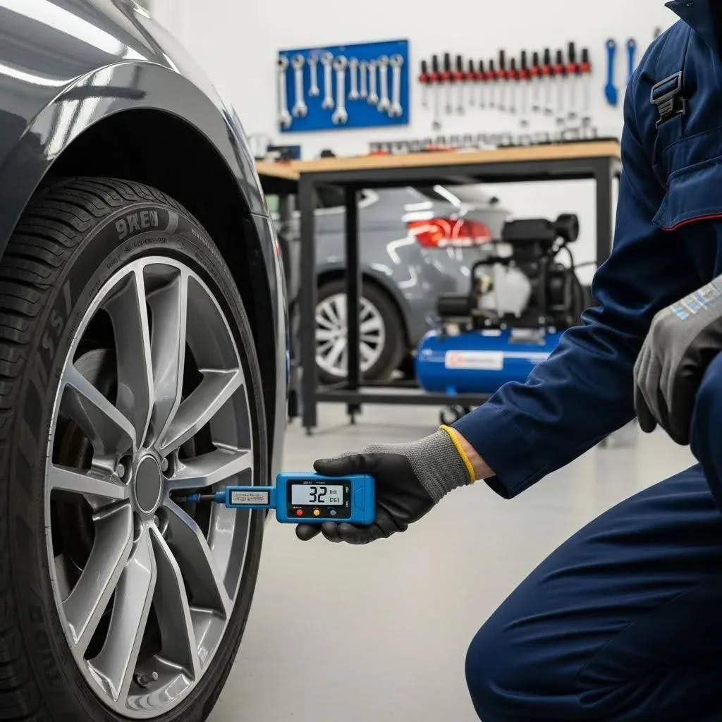 Mechanic checking a car tyre pressure in a garage, highlighting tyre safety and maintenance