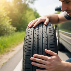 Person inspecting a car tyre for cuts, bulges and general wear to highlight tyre damage checks